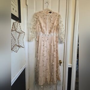 SHEIN X Cream Floral Embroidered Overlay Dress